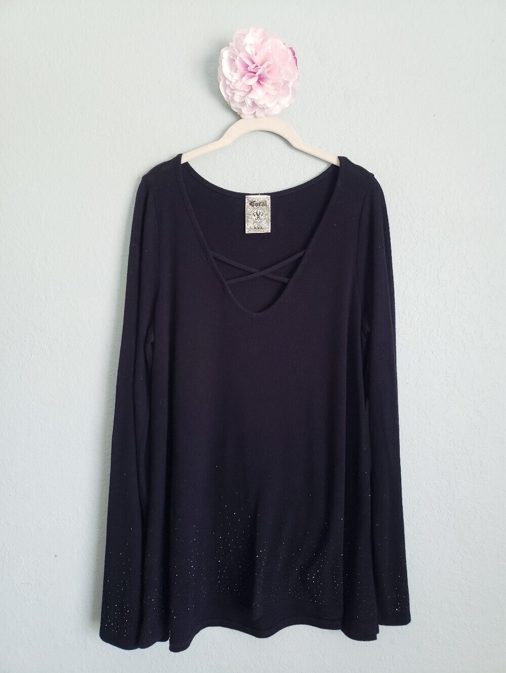 Vocal Black Rhinestone Strappy V-neck Long Sleeve Flared Knit Top